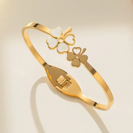 Stainless Steel Gold Plated Mother of Pearls Dual Flower Openable Floral Anti-Tarnish Bracelet For Women